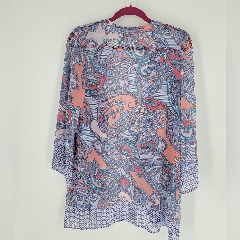 Soft Surroundings M Kimono Duster Cardigan Tunic Top 3/4 Sleeve Sheer Floral - Picture 3 of 6